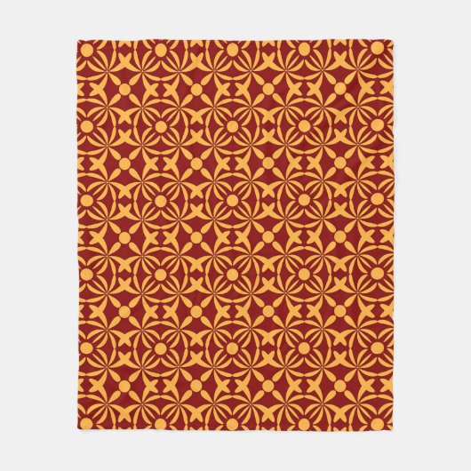 Vibrant Floral Pattern: Yellow Shapes on Red Back フリースブランケット (正面)