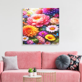 Vibrant Floral Symphony with Butterflies キャンバスプリント