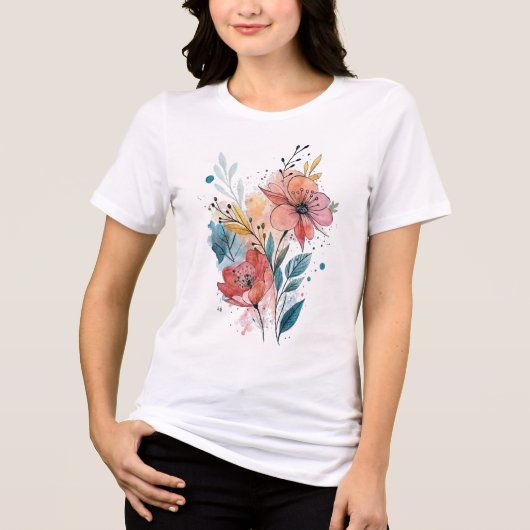Vibrant Floral Watercolor Design トライブレンドＴシャツ (正面)