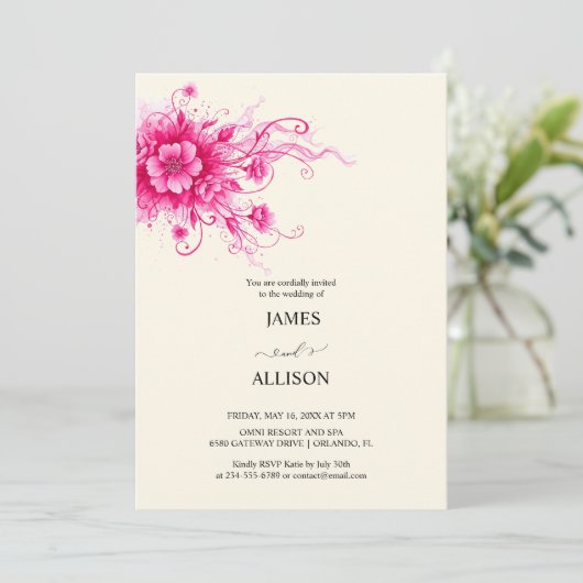 Vibrant Fuchsia Watercolor Flora Wedding  招待状 (スタンド正面)
