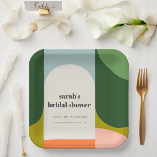 Vibrant Funky Retro Arch Abstract Bridal Shower ペーパープレート (ウェディング)
