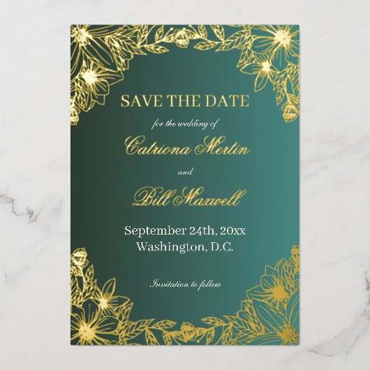 Vibrant Gold Floral Wedding Save The Date Card 箔招待状 (正面)