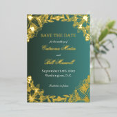 Vibrant Gold Floral Wedding Save The Date Card 箔招待状 (立ち正面)