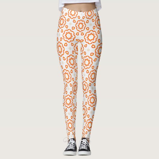 Vibrant Golden Orange Geometric Floral Leggings レギンス (正面)