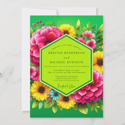 Vibrant Green Floral Summer Wedding 招待状 (正面)