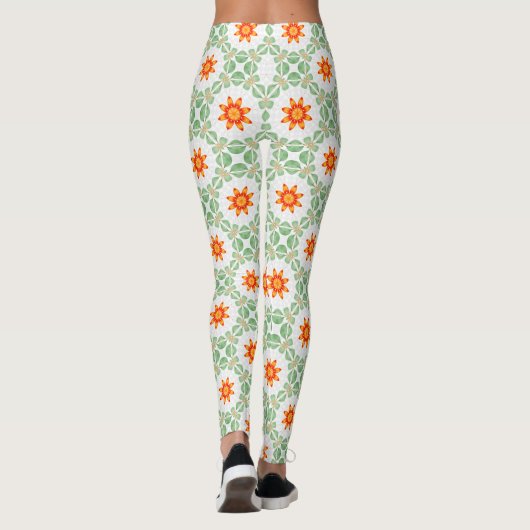 Vibrant Green & Orange Floral Leaf Pattern Legging レギンス (裏面)