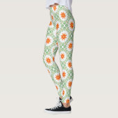 Vibrant Green & Orange Floral Leaf Pattern Legging レギンス (左)