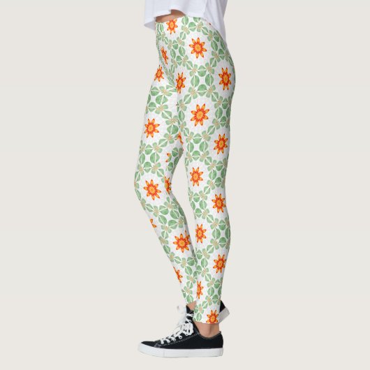 Vibrant Green & Orange Floral Leaf Pattern Legging レギンス (左)