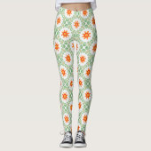 Vibrant Green & Orange Floral Leaf Pattern Legging レギンス (正面)