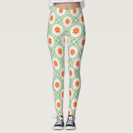 Vibrant Green & Orange Floral Leaf Pattern Legging レギンス