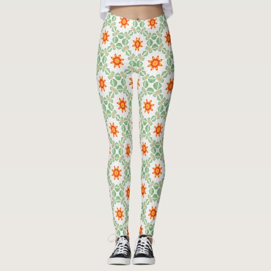 Vibrant Green & Orange Floral Leaf Pattern Legging レギンス (正面)