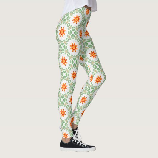 Vibrant Green & Orange Floral Leaf Pattern Legging レギンス (右)