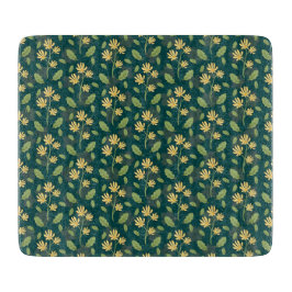 Vibrant Green Pattern with Yellow Flowers & Leaves カッティングボード