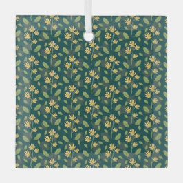 Vibrant Green Pattern with Yellow Flowers & Leaves ガラスオーナメント