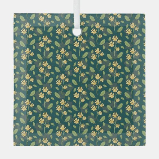 Vibrant Green Pattern with Yellow Flowers & Leaves ガラスオーナメント (正面)