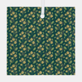 Vibrant Green Pattern with Yellow Flowers & Leaves ガラスオーナメント (裏面)