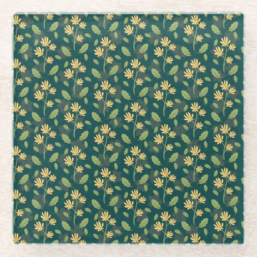 Vibrant Green Pattern with Yellow Flowers & Leaves ガラスコースター (正面)