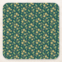 Vibrant Green Pattern with Yellow Flowers & Leaves スクエアペーパーコースター