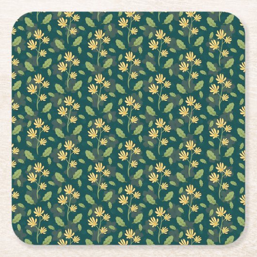 Vibrant Green Pattern with Yellow Flowers & Leaves スクエアペーパーコースター (正面)