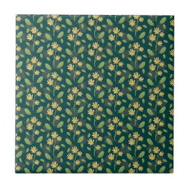 Vibrant Green Pattern with Yellow Flowers & Leaves タイル