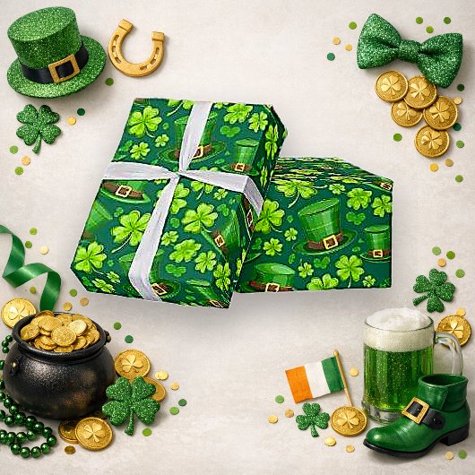 Vibrant Green Shamrock Leprechaun Pattern Art ラッピングペーパー