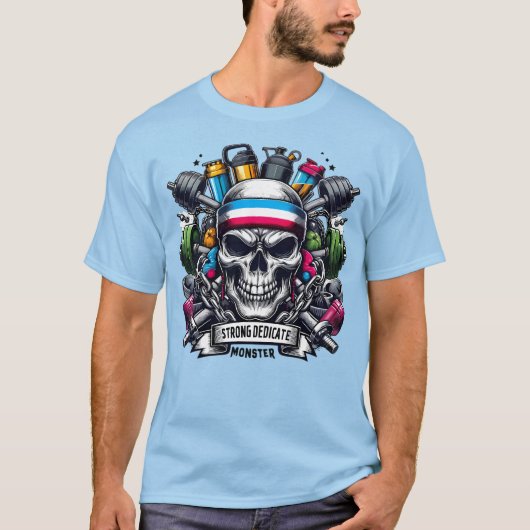 Vibrant Gym Monster Motivational Skull Fitness Art Tシャツ (正面)