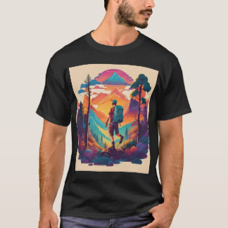 Vibrant Hiker in a Sunset Forest  Tシャツ