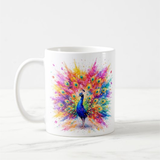 Vibrant Holi Peacock Watercolor Art Coffee Mug コーヒーマグカップ (左)