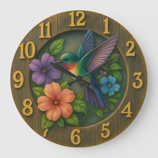 Vibrant hummingbird garden clock with floral detai ラージ壁時計 (正面)