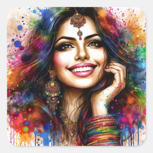 Vibrant Indian Beauty Festival Art スクエアシール (正面)