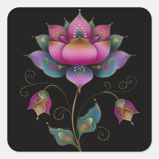 Vibrant Indian Mehndi Lotus Flower Pink Blue Gold  スクエアシール (正面)