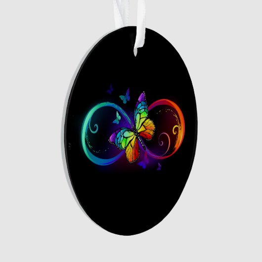 Vibrant infinity with rainbow butterfly on black オーナメント (正面)