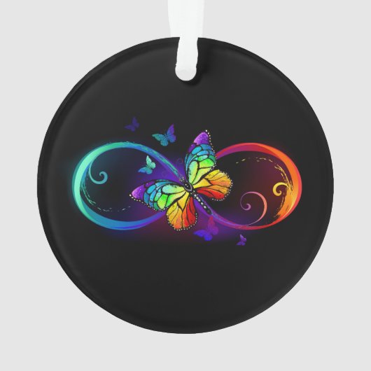 Vibrant infinity with rainbow butterfly on black オーナメント (裏面)