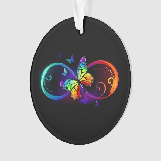 Vibrant infinity with rainbow butterfly on black オーナメント (正面)