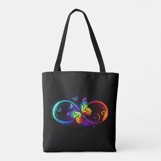 Vibrant infinity with rainbow butterfly on black トートバッグ (裏面)