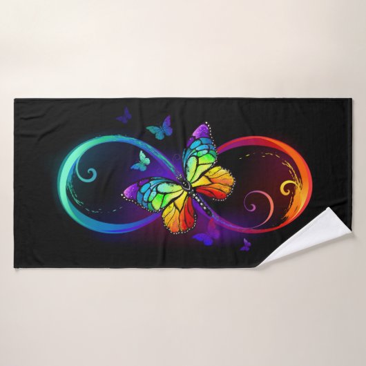 Vibrant infinity with rainbow butterfly on black バスタオル (バスタオル)