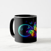 Vibrant infinity with rainbow butterfly on black マグカップ (正面左)