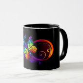 Vibrant infinity with rainbow butterfly on black マグカップ (正面右)