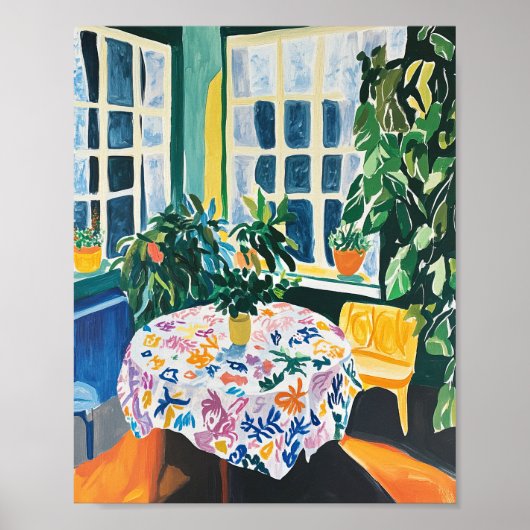 Vibrant Interior Scene with Floral Tablecloth Post ポスター (正面)