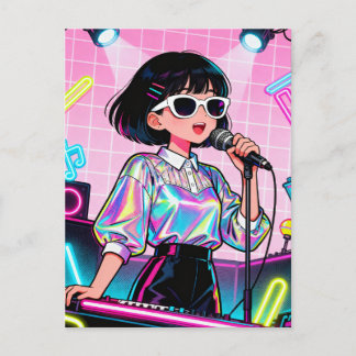 Vibrant Japanese Karaoke Pop Art Girl ポストカード