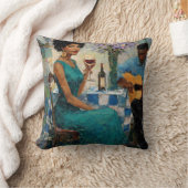 Vibrant Jazz Woman Teal Bistro Art クッション (ブランケット)