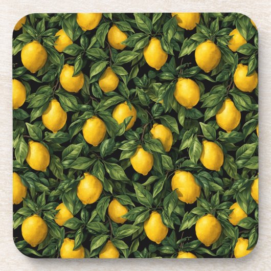 Vibrant Lemon Citrus Tree Pattern コースター (正面)