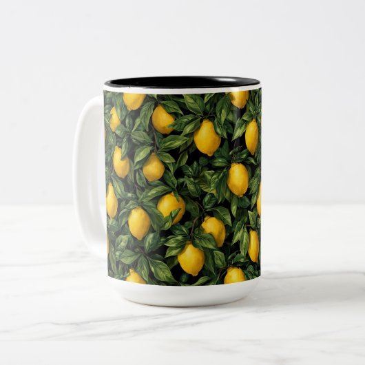 Vibrant Lemon Citrus Tree Pattern ツートーンマグカップ (正面左)