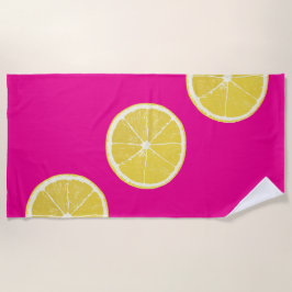 Vibrant Lemon Slice Pattern on Pink Beach Towel ビーチタオル