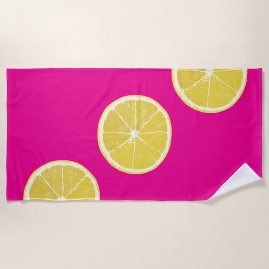 Vibrant Lemon Slice Pattern on Pink Beach Towel ビーチタオル (正面)