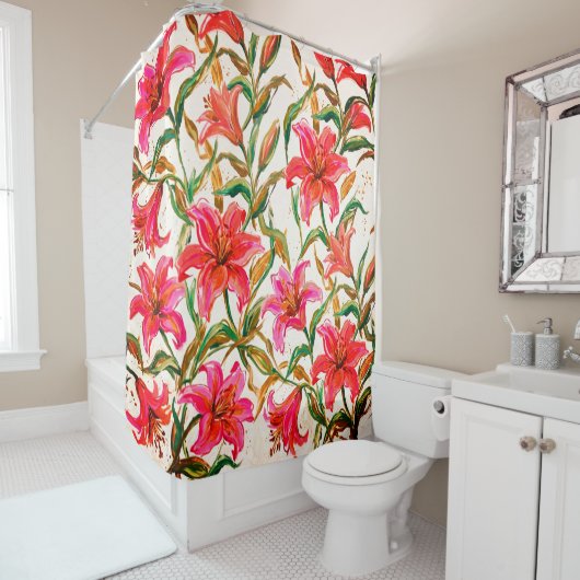 "Vibrant Lily Bloom: Impasto Floral Pattern" シャワーカーテン (インサイチュ)
