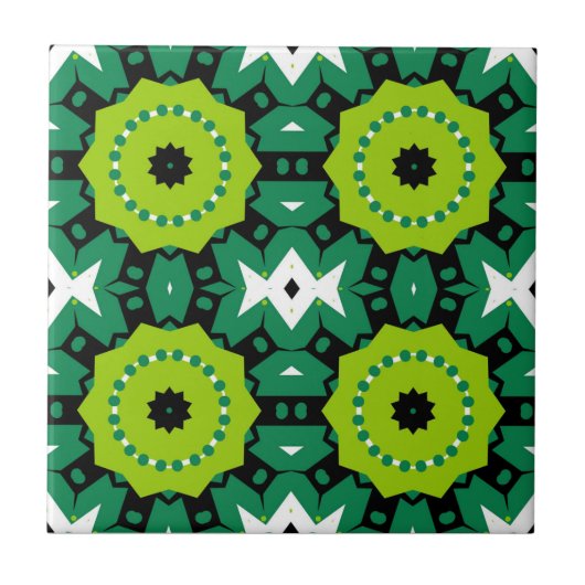 Vibrant Lime Green Black & White Geometric Pattern タイル (正面)