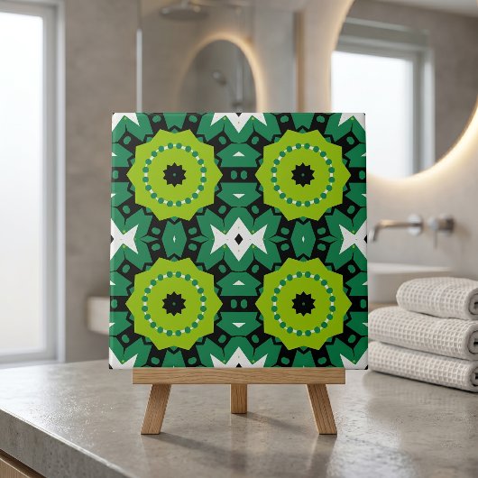 Vibrant Lime Green Black & White Geometric Pattern タイル