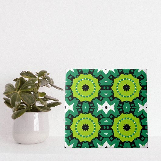 Vibrant Lime Green Black & White Geometric Pattern タイル