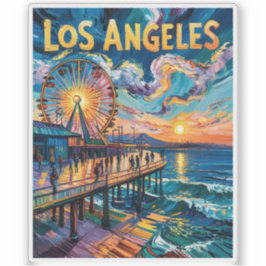 Vibrant Los Angeles Pier Sunset Van Gogh Vintage シール